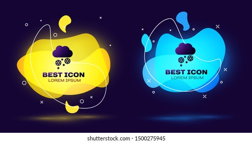 Black Cloud with snow icon isolated on dark blue background. Cloud with snowflakes. Single weather icon. Snowing sign. Set abstract banner with liquid shapes. Vector Illustration