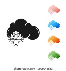Black Cloud with snow icon isolated on white background. Cloud with snowflakes. Single weather icon. Snowing sign. Set icons colorful. Vector Illustration