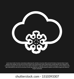 Black Cloud with snow icon isolated on black background. Cloud with snowflakes. Single weather icon. Snowing sign.  Vector Illustration