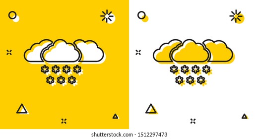 Black Cloud with snow icon isolated on yellow and white background. Cloud with snowflakes. Single weather icon. Snowing sign. Random dynamic shapes. Vector Illustration