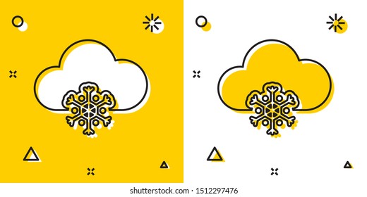 Black Cloud with snow icon isolated on yellow and white background. Cloud with snowflakes. Single weather icon. Snowing sign. Random dynamic shapes. Vector Illustration