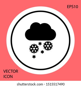 Black Cloud with snow icon isolated on red background. Cloud with snowflakes. Single weather icon. Snowing sign. White circle button. Vector Illustration