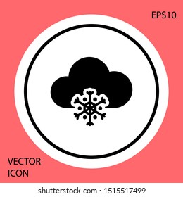 Black Cloud with snow icon isolated on red background. Cloud with snowflakes. Single weather icon. Snowing sign. White circle button. Vector Illustration
