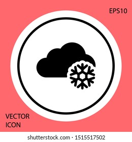 Black Cloud with snow icon isolated on red background. Cloud with snowflakes. Single weather icon. Snowing sign. White circle button. Vector Illustration