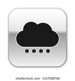 Black Cloud with snow icon isolated on white background. Cloud with snowflakes. Single weather icon. Snowing sign. Silver square button. Vector Illustration