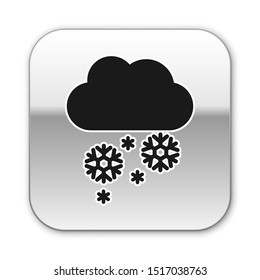Black Cloud with snow icon isolated on white background. Cloud with snowflakes. Single weather icon. Snowing sign. Silver square button. Vector Illustration