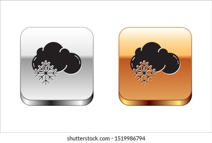 Black Cloud with snow icon isolated on white background. Cloud with snowflakes. Single weather icon. Snowing sign. Silver-gold square button. Vector Illustration