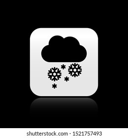 Black Cloud with snow icon isolated on black background. Cloud with snowflakes. Single weather icon. Snowing sign. Silver square button. Vector Illustration
