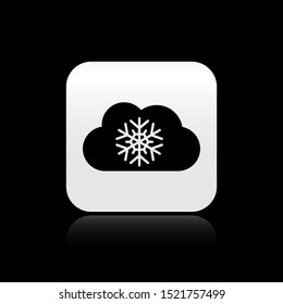 Black Cloud with snow icon isolated on black background. Cloud with snowflakes. Single weather icon. Snowing sign. Silver square button. Vector Illustration
