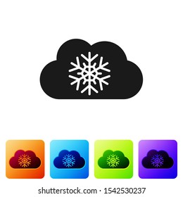 Black Cloud with snow icon isolated on white background. Cloud with snowflakes. Single weather icon. Snowing sign. Set icons in color square buttons. Vector Illustration