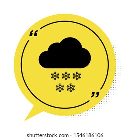 Black Cloud with snow icon isolated on white background. Cloud with snowflakes. Single weather icon. Snowing sign. Yellow speech bubble symbol. Vector Illustration