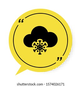 Black Cloud with snow icon isolated on white background. Cloud with snowflakes. Single weather icon. Snowing sign. Yellow speech bubble symbol. Vector Illustration