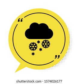Black Cloud with snow icon isolated on white background. Cloud with snowflakes. Single weather icon. Snowing sign. Yellow speech bubble symbol. Vector Illustration