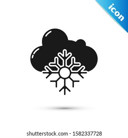 Black Cloud with snow icon isolated on white background. Cloud with snowflakes. Single weather icon. Snowing sign.  Vector Illustration