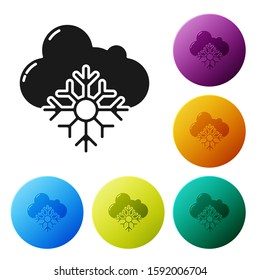 Black Cloud with snow icon isolated on white background. Cloud with snowflakes. Single weather icon. Snowing sign. Set icons colorful circle buttons. Vector Illustration
