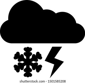 Black Cloud with snow and lightning icon isolated on white background. Cloud with snowflakes. Single weather icon. Snowing sign.  Vector Illustration