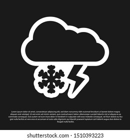 Black Cloud with snow and lightning icon isolated on black background. Cloud with snowflakes. Single weather icon. Snowing sign.  Vector Illustration