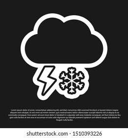 Black Cloud with snow and lightning icon isolated on black background. Cloud with snowflakes. Single weather icon. Snowing sign.  Vector Illustration