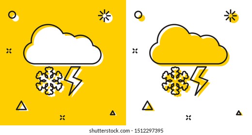 Black Cloud with snow and lightning icon isolated on yellow and white background. Cloud with snowflakes. Single weather icon. Snowing sign. Random dynamic shapes. Vector Illustration