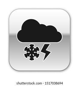 Black Cloud with snow and lightning icon isolated on white background. Cloud with snowflakes. Single weather icon. Snowing sign. Silver square button. Vector Illustration