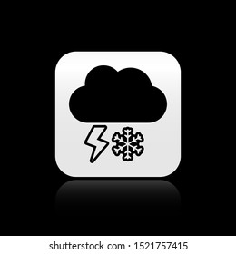 Black Cloud with snow and lightning icon isolated on black background. Cloud with snowflakes. Single weather icon. Snowing sign. Silver square button. Vector Illustration