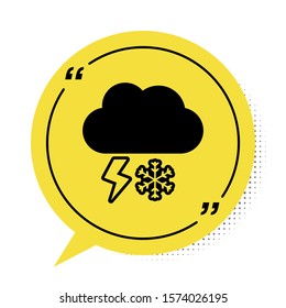 Black Cloud with snow and lightning icon isolated on white background. Cloud with snowflakes. Single weather icon. Snowing sign. Yellow speech bubble symbol. Vector Illustration