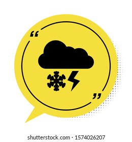 Black Cloud with snow and lightning icon isolated on white background. Cloud with snowflakes. Single weather icon. Snowing sign. Yellow speech bubble symbol. Vector Illustration