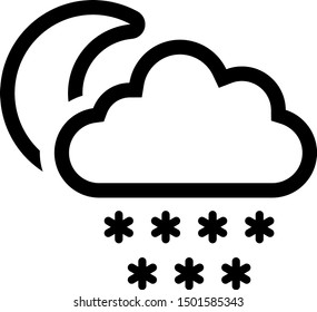 Black Cloud with snow and moon icon isolated on white background. Cloud with snowflakes. Single weather icon. Snowing sign.  Vector Illustration