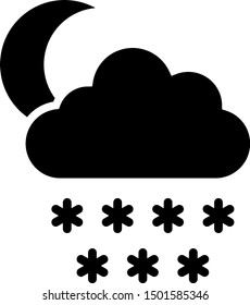 Black Cloud with snow and moon icon isolated on white background. Cloud with snowflakes. Single weather icon. Snowing sign.  Vector Illustration