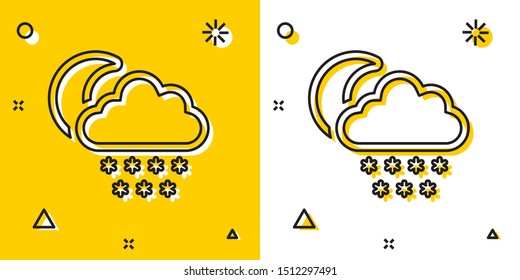 Black Cloud with snow and moon icon isolated on yellow and white background. Cloud with snowflakes. Single weather icon. Snowing sign. Random dynamic shapes. Vector Illustration