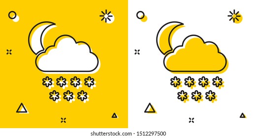 Black Cloud with snow and moon icon isolated on yellow and white background. Cloud with snowflakes. Single weather icon. Snowing sign. Random dynamic shapes. Vector Illustration