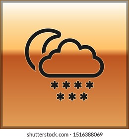 Black Cloud with snow and moon icon isolated on gold background. Cloud with snowflakes. Single weather icon. Snowing sign.  Vector Illustration