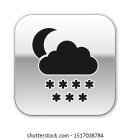 Black Cloud with snow and moon icon isolated on white background. Cloud with snowflakes. Single weather icon. Snowing sign. Silver square button. Vector Illustration