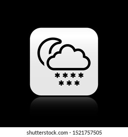 Black Cloud with snow and moon icon isolated on black background. Cloud with snowflakes. Single weather icon. Snowing sign. Silver square button. Vector Illustration