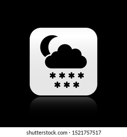 Black Cloud with snow and moon icon isolated on black background. Cloud with snowflakes. Single weather icon. Snowing sign. Silver square button. Vector Illustration