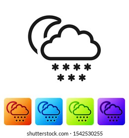 Black Cloud with snow and moon icon isolated on white background. Cloud with snowflakes. Single weather icon. Snowing sign. Set icons in color square buttons. Vector Illustration