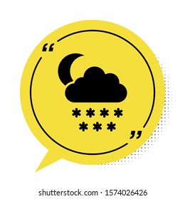 Black Cloud with snow and moon icon isolated on white background. Cloud with snowflakes. Single weather icon. Snowing sign. Yellow speech bubble symbol. Vector Illustration