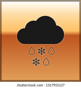 Black Cloud with snow and rain icon isolated on gold background. Weather icon. Vector Illustration