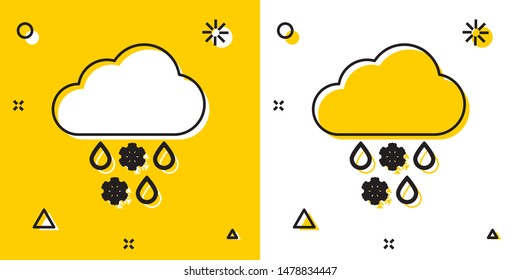 Black Cloud with snow and rain icon isolated on yellow and white background. Weather icon. Random dynamic shapes. Vector Illustration