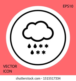 Black Cloud with snow and rain icon isolated on red background. Weather icon. White circle button. Vector Illustration