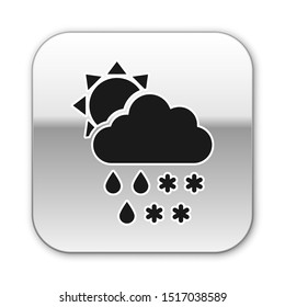 Black Cloud with snow and rain icon isolated on white background. Weather icon. Silver square button. Vector Illustration