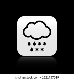 Black Cloud with snow and rain icon isolated on black background. Weather icon. Silver square button. Vector Illustration