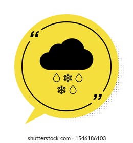 Black Cloud with snow and rain icon isolated on white background. Weather icon. Yellow speech bubble symbol. Vector Illustration