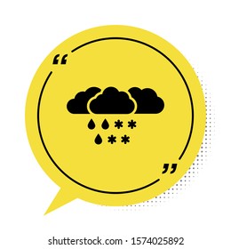 Black Cloud with snow and rain icon isolated on white background. Weather icon. Yellow speech bubble symbol. Vector Illustration