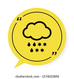 Black Cloud with snow and rain icon isolated on white background. Weather icon. Yellow speech bubble symbol. Vector Illustration