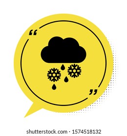 Black Cloud with snow and rain icon isolated on white background. Weather icon. Yellow speech bubble symbol. Vector Illustration
