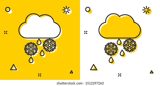 Black Cloud with snow, rain and moon icon isolated on yellow and white background. Weather icon. Random dynamic shapes. Vector Illustration