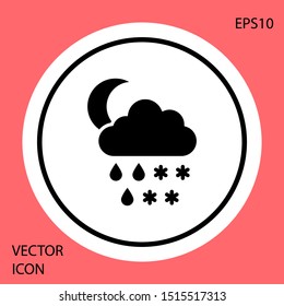 Black Cloud with snow, rain and moon icon isolated on red background. Weather icon. White circle button. Vector Illustration