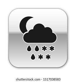 Black Cloud with snow, rain and moon icon isolated on white background. Weather icon. Silver square button. Vector Illustration