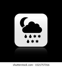 Black Cloud with snow, rain and moon icon isolated on black background. Weather icon. Silver square button. Vector Illustration
